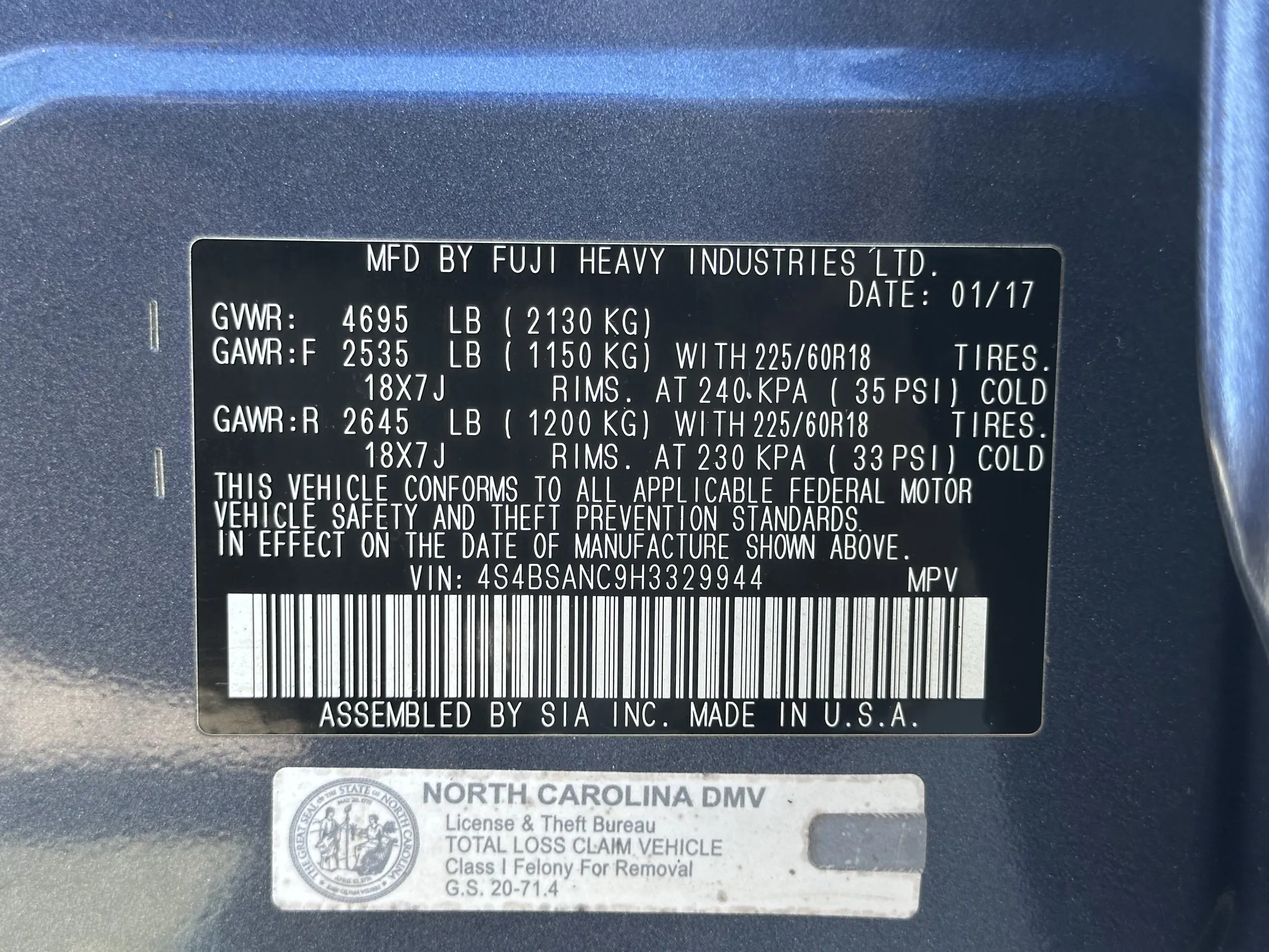 VIN plate